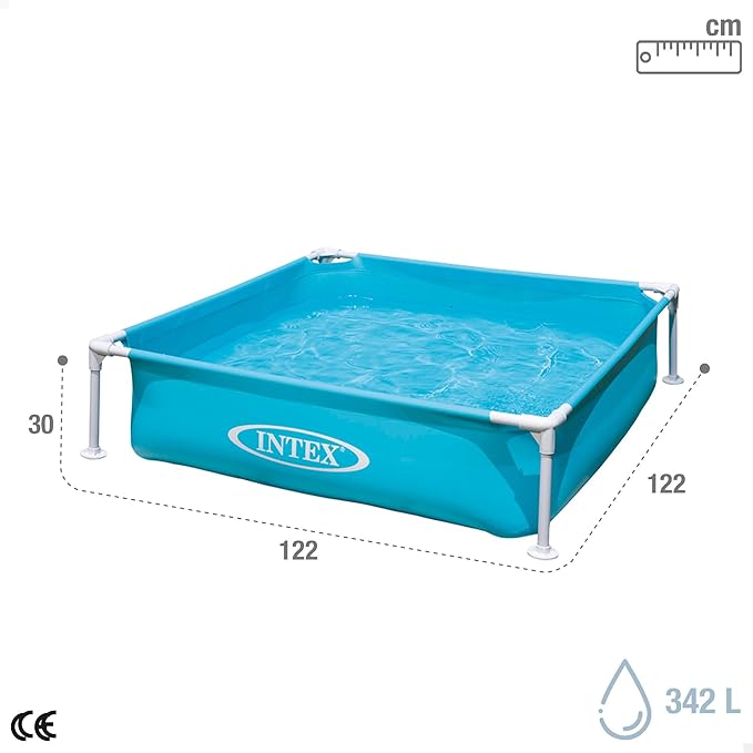 Piscine tubulaire carrée amovible Intex pour enfants, 122 x 122 x 30 cm, 342 litres, forme carrée, bouchon de vidange, pour jardin et extérieur, vinyle résistant, kit de réparation inclus, garantie de 2 ans et plus (57173)
