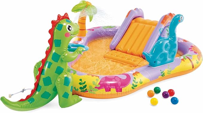 Parc aquatique Intex Dino Park, 201 x 157 x 69 cm, dinosaure gonflable, toboggan avec fond rembourré, jet d'eau, ensemble de balles (inclus), 54 kg max., +2 ans, kit de réparation (56139)