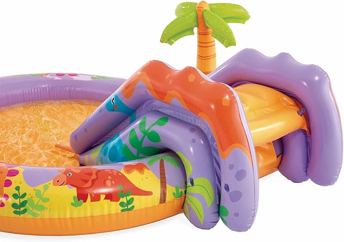 Parc aquatique Intex Dino Park, 201 x 157 x 69 cm, dinosaure gonflable, toboggan avec fond rembourré, jet d'eau, ensemble de balles (inclus), 54 kg max., +2 ans, kit de réparation (56139)