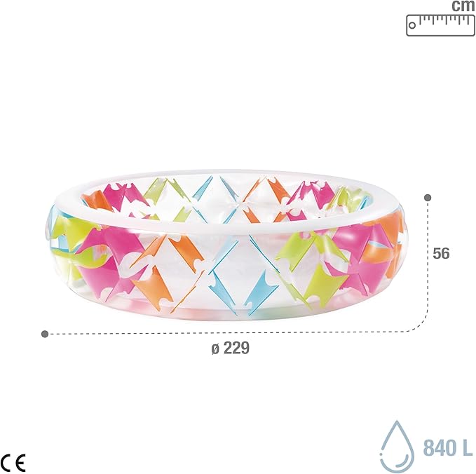 Piscine gonflable Intex pour enfants, design coloré avec imprimé estival, Ø 229 cm, hauteur 56 cm, capacité 840 l, jeux de jardin, enfants +6 ans, comprend un patch de réparation (56494)
