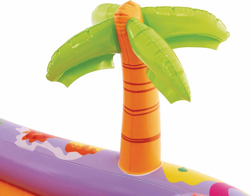 Parc aquatique Intex Dino Park, 201 x 157 x 69 cm, dinosaure gonflable, toboggan avec fond rembourré, jet d'eau, ensemble de balles (inclus), 54 kg max., +2 ans, kit de réparation (56139)