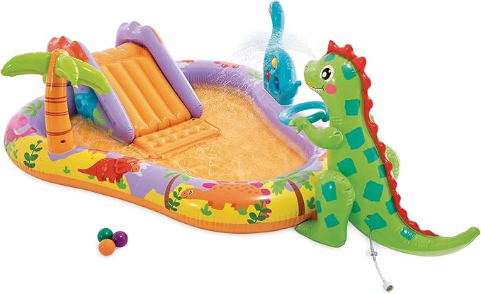 Parc aquatique Intex Dino Park, 201 x 157 x 69 cm, dinosaure gonflable, toboggan avec fond rembourré, jet d'eau, ensemble de balles (inclus), 54 kg max., +2 ans, kit de réparation (56139)