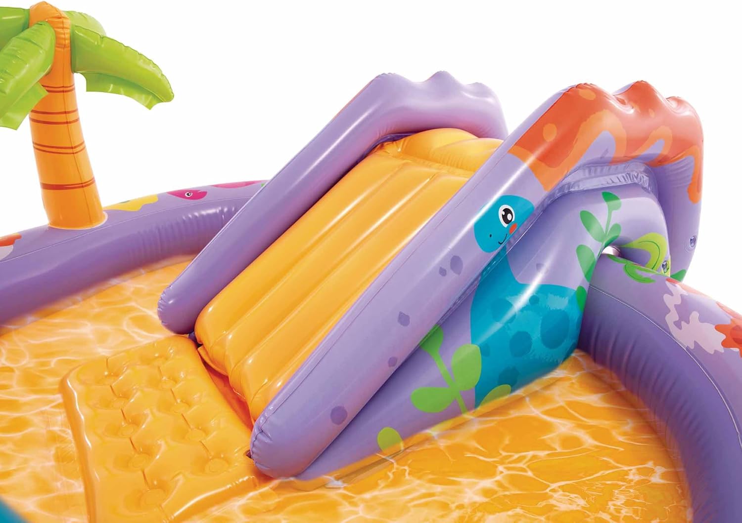 Parc aquatique Intex Dino Park, 201 x 157 x 69 cm, dinosaure gonflable, toboggan avec fond rembourré, jet d'eau, ensemble de balles (inclus), 54 kg max., +2 ans, kit de réparation (56139)