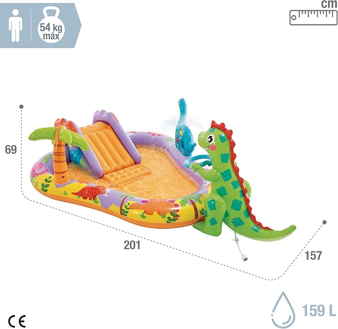Parc aquatique Intex Dino Park, 201 x 157 x 69 cm, dinosaure gonflable, toboggan avec fond rembourré, jet d'eau, ensemble de balles (inclus), 54 kg max., +2 ans, kit de réparation (56139)