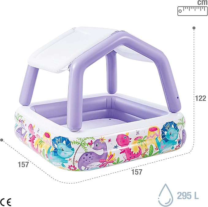 Piscine gonflable pour enfants Intex, 157 x 157 x 122 cm, 295 litres, avec toit amovible, design aquatique, bouchon de vidange, usage extérieur, vinyle résistant, kit de réparation inclus, garantie +2 ans (57470)