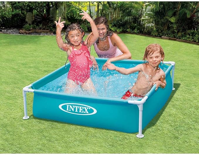 Piscine tubulaire carrée amovible Intex pour enfants, 122 x 122 x 30 cm, 342 litres, forme carrée, bouchon de vidange, pour jardin et extérieur, vinyle résistant, kit de réparation inclus, garantie de 2 ans et plus (57173)