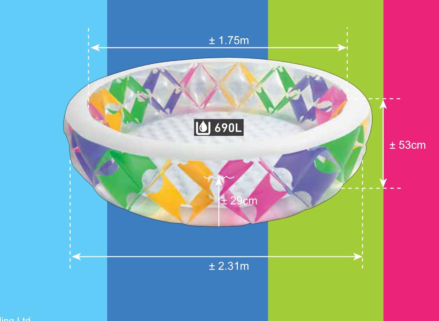 Piscine gonflable Intex pour enfants, design coloré avec imprimé estival, Ø 229 cm, hauteur 56 cm, capacité 840 l, jeux de jardin, enfants +6 ans, comprend un patch de réparation (56494)