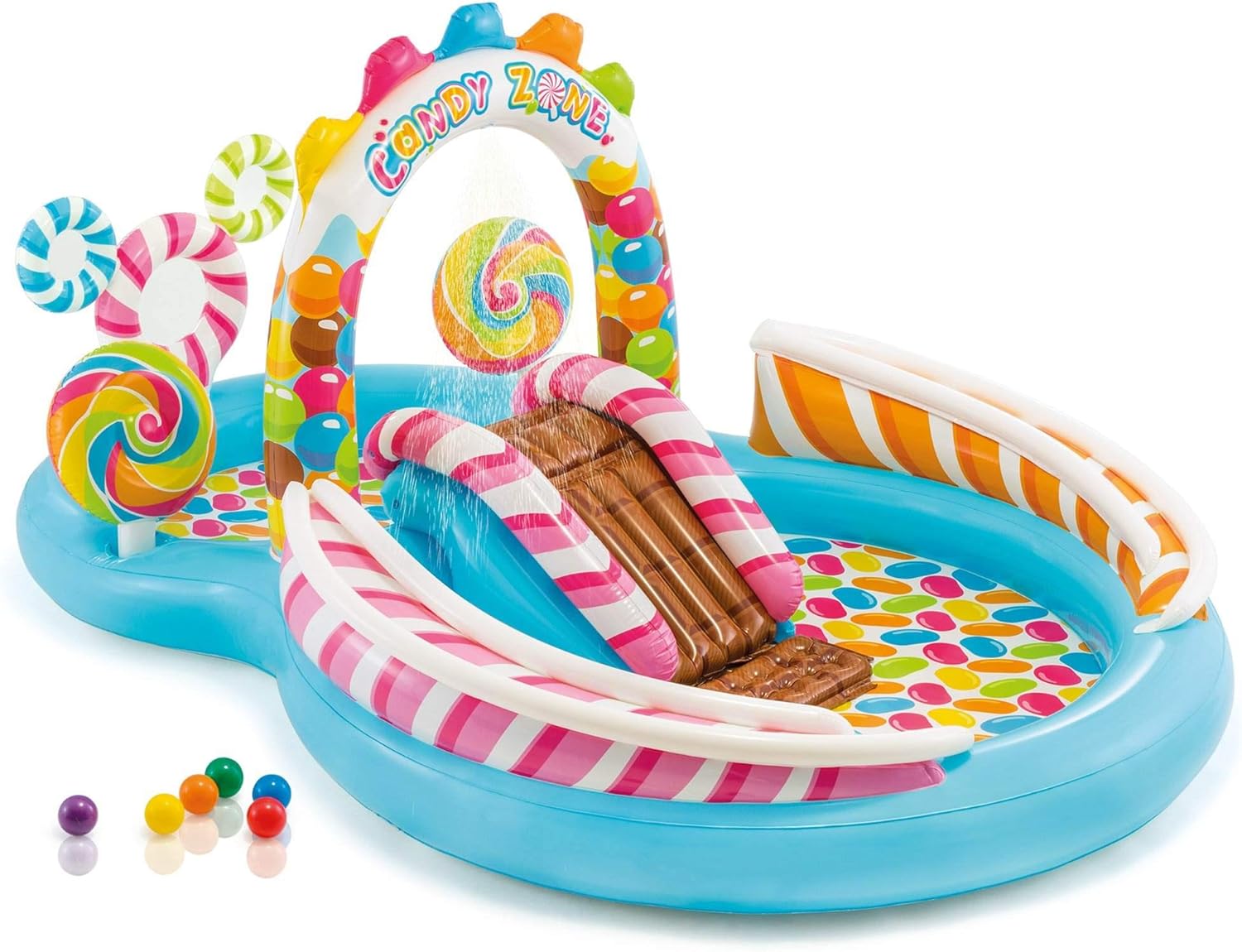 Piscine gonflable INTEX Candy Zone pour enfants : Piscine gonflable avec jet d'eau, toboggan et pataugeoire, 295 cm x 190 cm x 130 cm, à partir de 3 ans