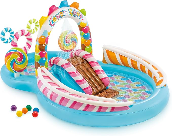 Piscine gonflable INTEX Candy Zone pour enfants : Piscine gonflable avec jet d'eau, toboggan et pataugeoire, 295 cm x 190 cm x 130 cm, à partir de 3 ans