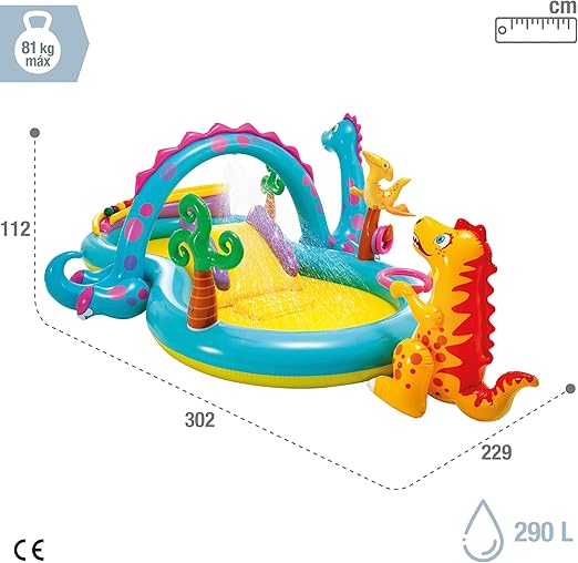 Centre de jeux aquatiques Intex 57135NP Dinosaure, pataugeoire avec arche d'arrosage mobile. Idéal pour s'amuser en plein air cet été ! - Multicolore