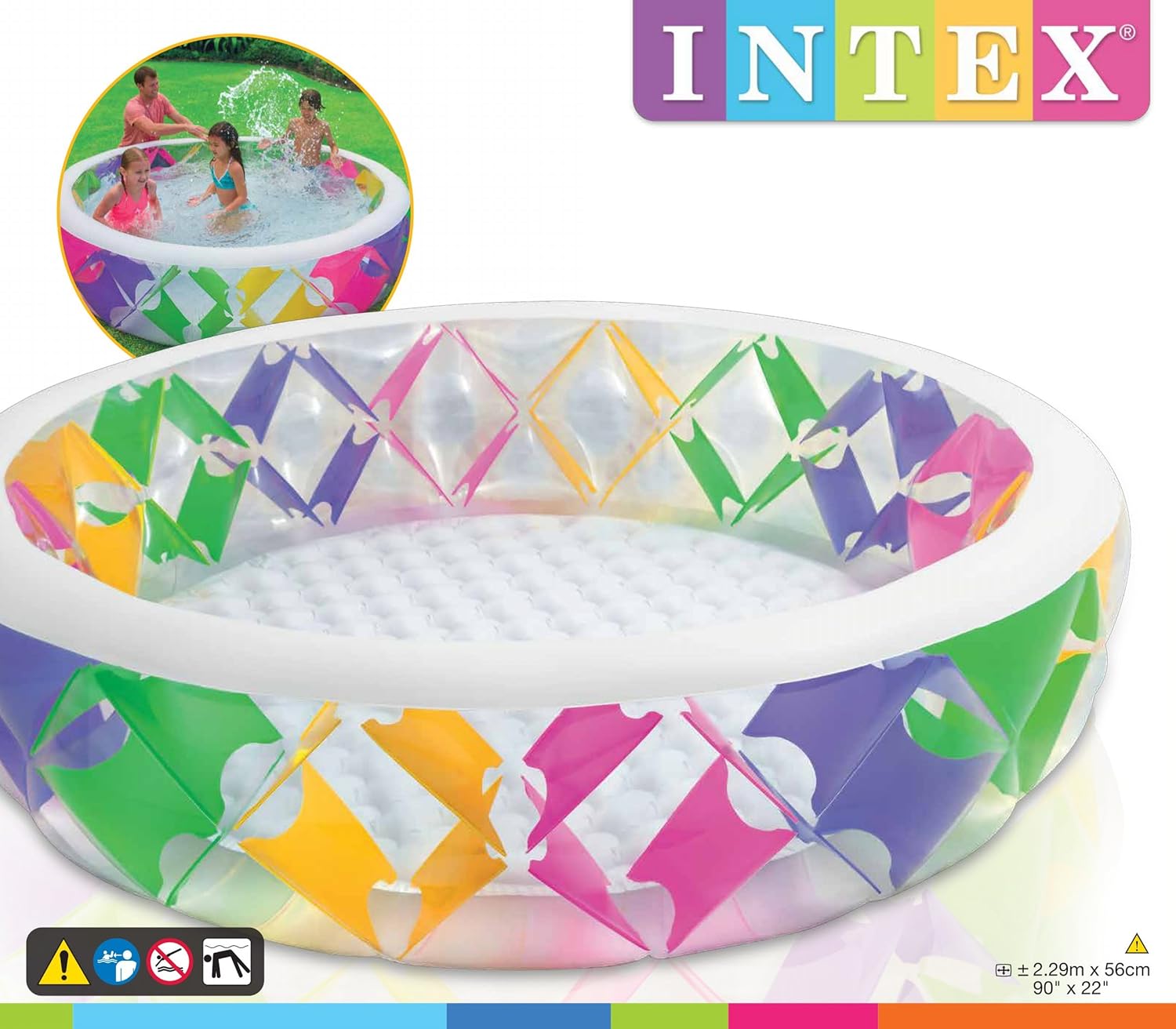 Piscine gonflable Intex pour enfants, design coloré avec imprimé estival, Ø 229 cm, hauteur 56 cm, capacité 840 l, jeux de jardin, enfants +6 ans, comprend un patch de réparation (56494)