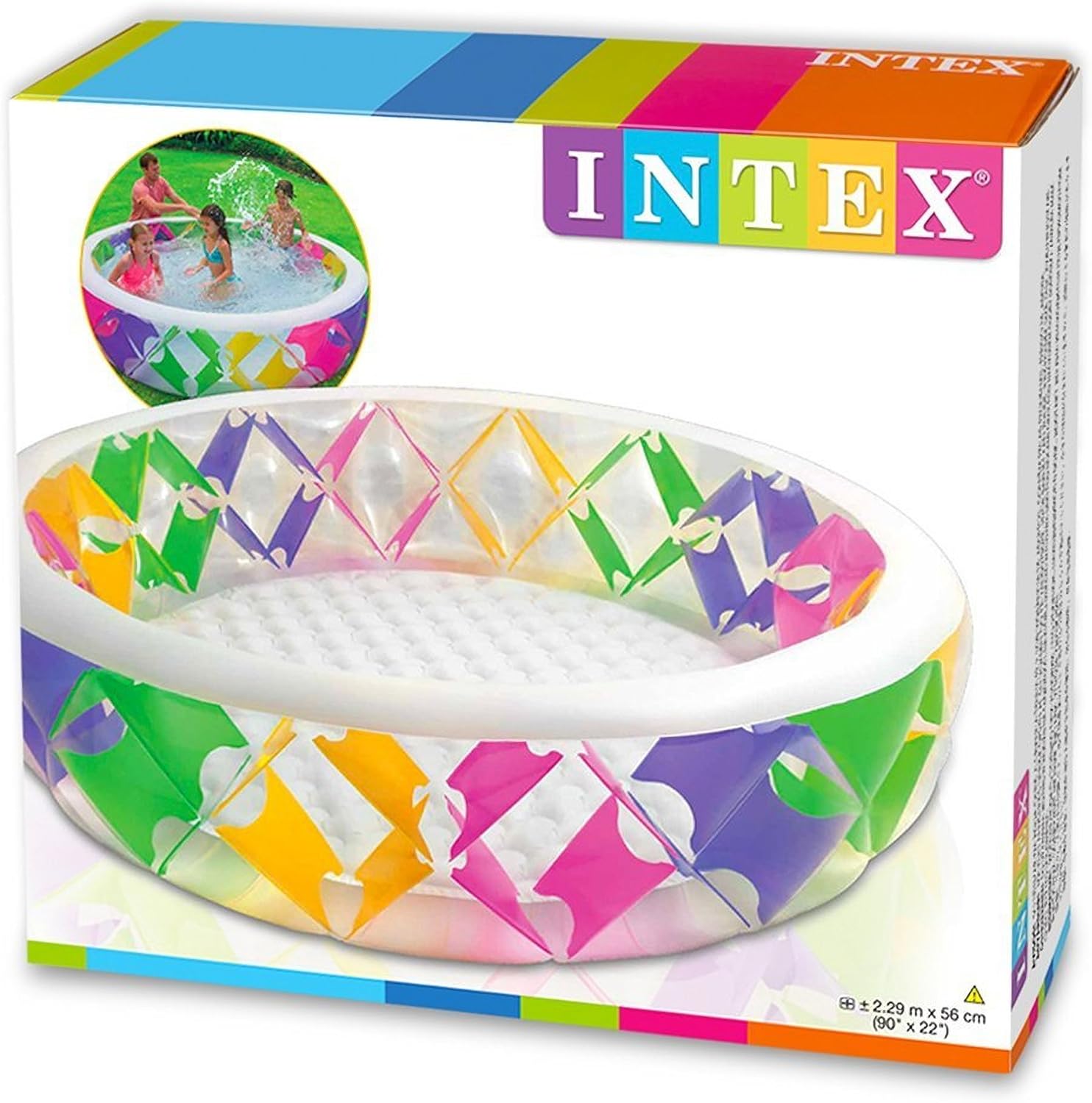 Piscine gonflable Intex pour enfants, design coloré avec imprimé estival, Ø 229 cm, hauteur 56 cm, capacité 840 l, jeux de jardin, enfants +6 ans, comprend un patch de réparation (56494)