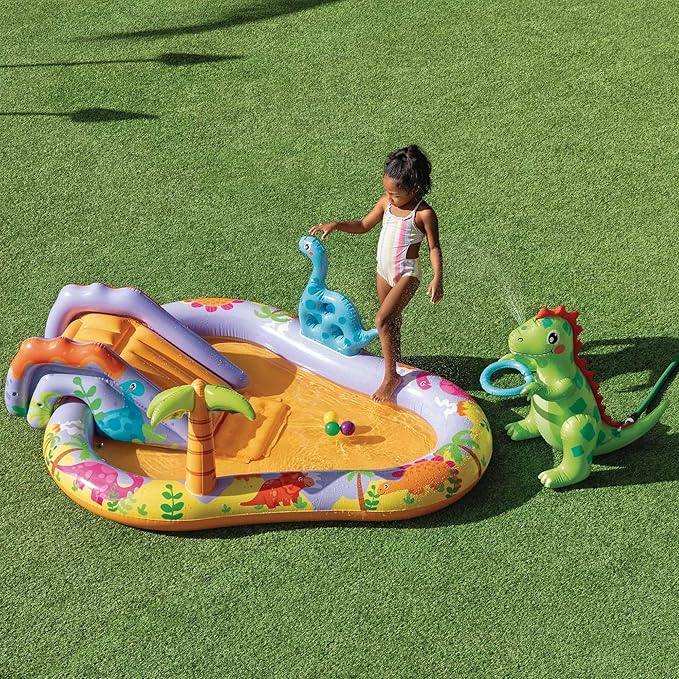 Parc aquatique Intex Dino Park, 201 x 157 x 69 cm, dinosaure gonflable, toboggan avec fond rembourré, jet d'eau, ensemble de balles (inclus), 54 kg max., +2 ans, kit de réparation (56139)
